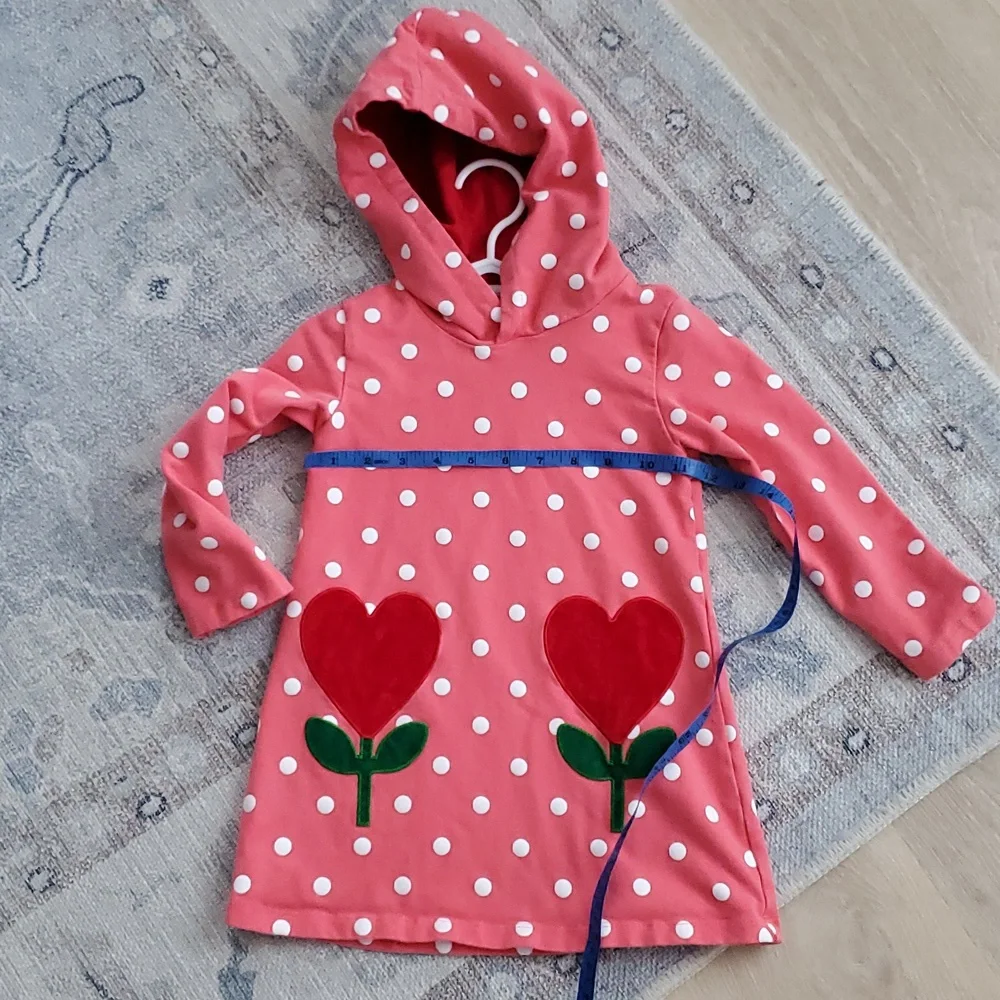 Boutique Girls Pink Polka Dot Heart Flowers Hoodie Long Sleeve Dress Sz2-3y